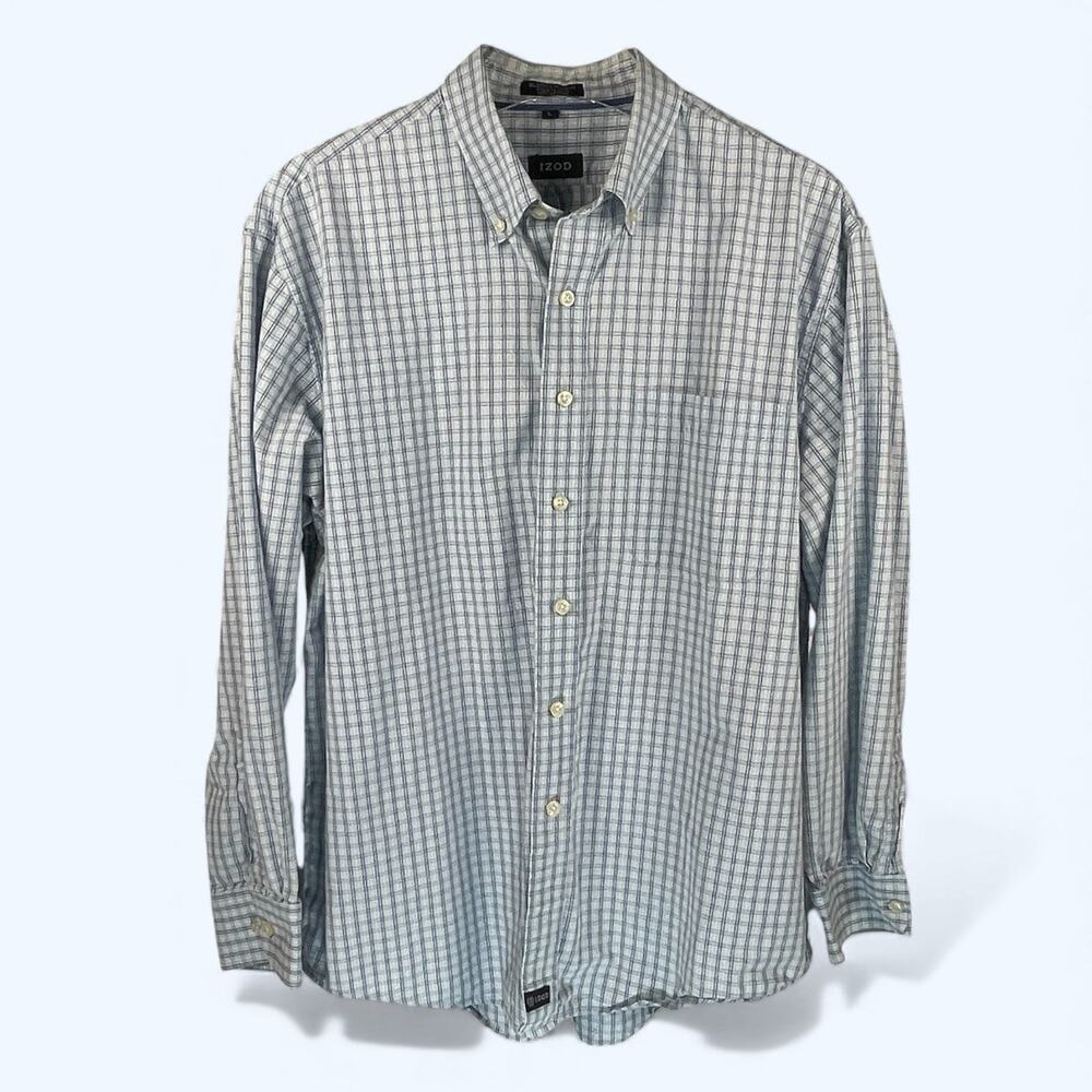 Izod Sueded Poplin Long Sleeve Button Down Blue Stripe Large